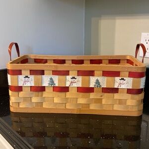 19” Snowman Christmas Winter Tree Holiday Wood Woven Basket w/ Handles Farmhouse
